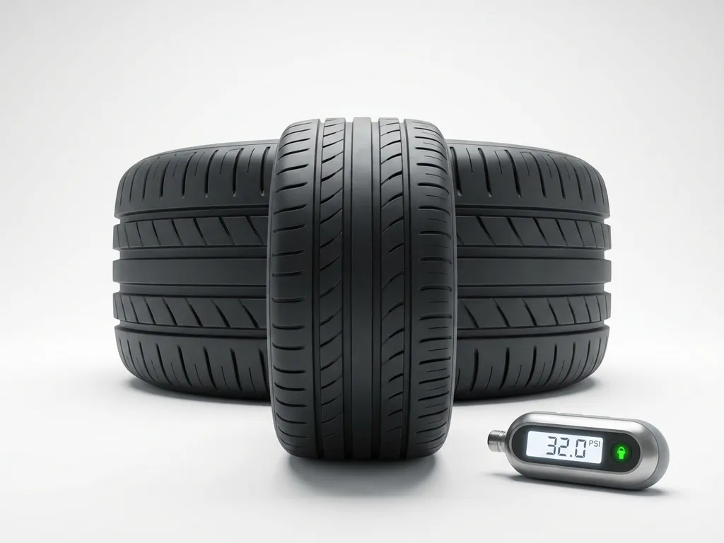 Autoband in profiel op witte ondergrond met digitale drukmeter, diepe profielgroeven en zachte schaduwen