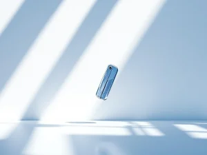 Zakelijke autosleutel zwevend in de lucht met blauwe lichtstralen en geometrische schaduwen op witte achtergrond