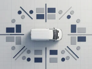 Witte bestelwagen op minimalistisch grid met geometrische elementen en routemarkeringen in bovenaanzicht