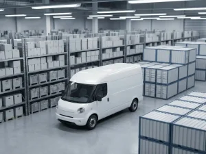 Witte bezorgwagen in georganiseerd magazijn met uitgelijnde stellingensystemen en gestapelde containers