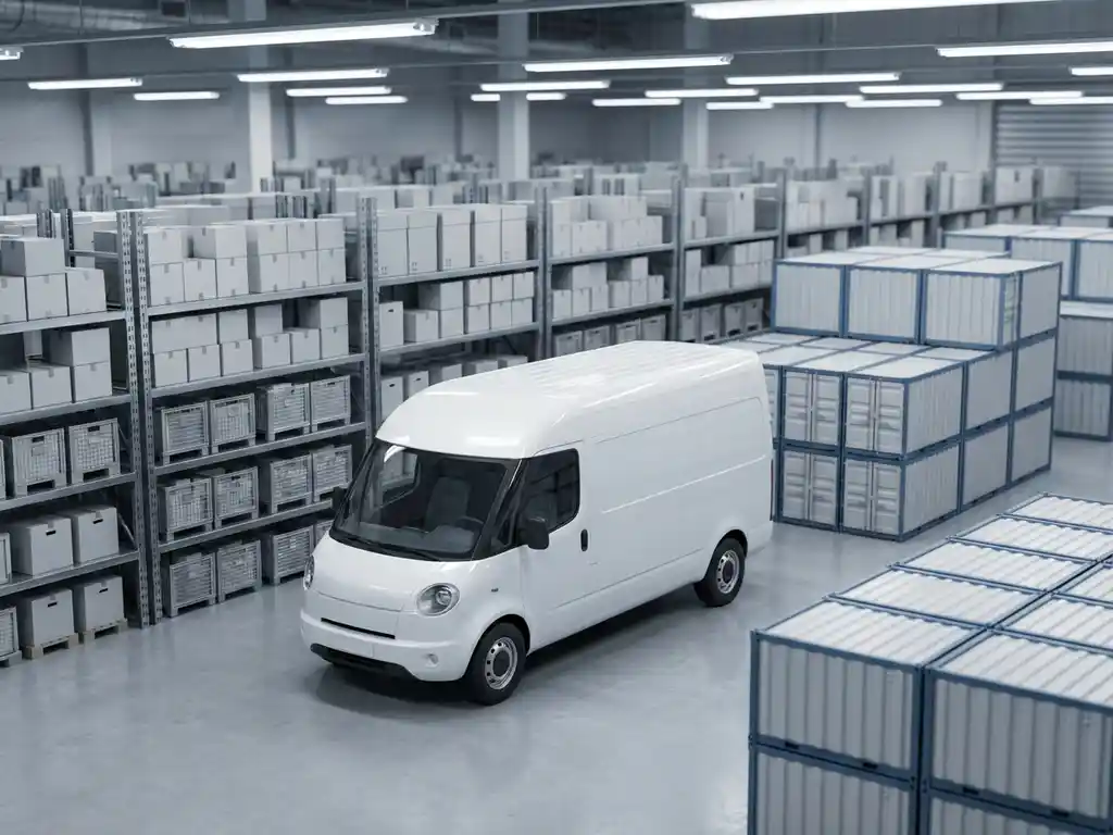 Witte bezorgwagen in georganiseerd magazijn met uitgelijnde stellingensystemen en gestapelde containers