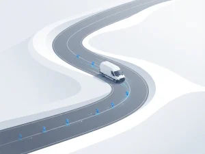 Witte bestelwagen rijdt over gebogen weg met geometrische wegpunten in minimalistisch landschap vanuit bovenaanzicht