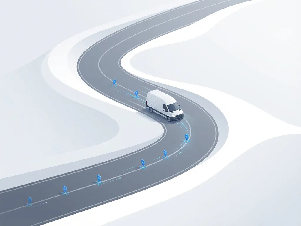 Witte bestelwagen rijdt over gebogen weg met geometrische wegpunten in minimalistisch landschap vanuit bovenaanzicht