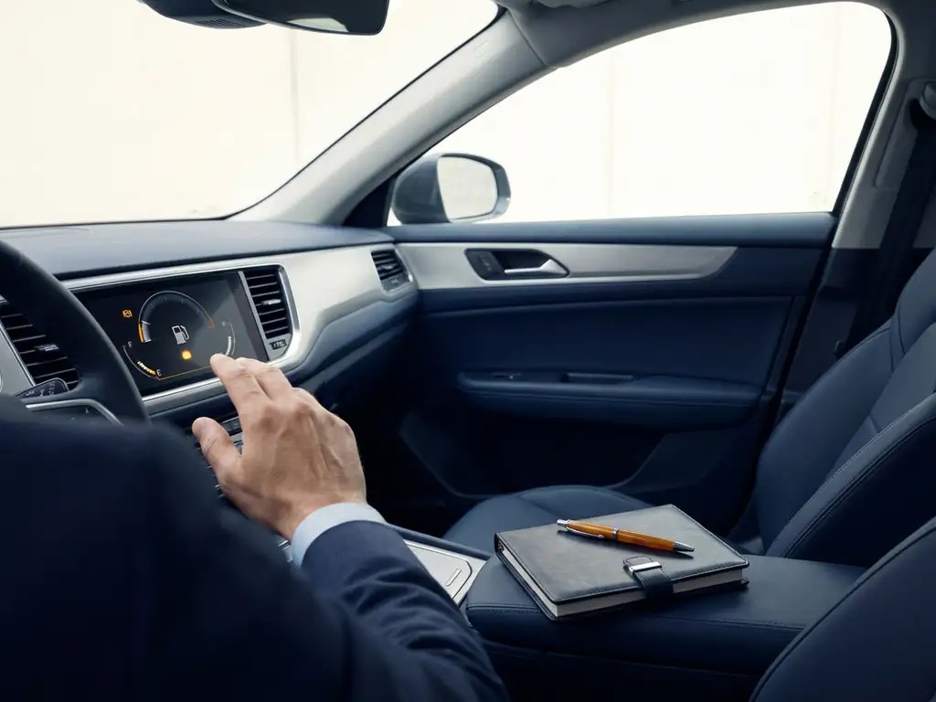 Vlootbeheerder wijst naar brandstofmeter in modern bedrijfsauto-dashboard, leren onkostenboek zichtbaar op passagiersstoel.