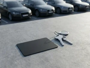Matte zwarte brandstofpas en glanzende autosleutels op betonnen ondergrond, met wazig wagenpark op de achtergrond.