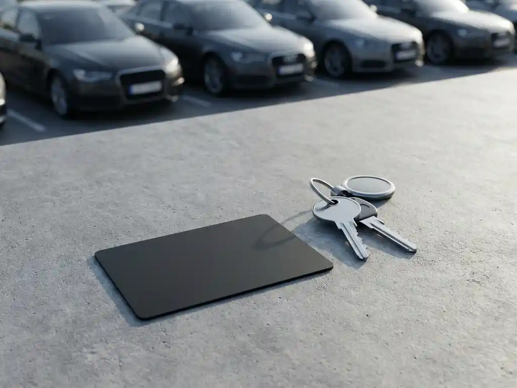 Matte zwarte brandstofpas en glanzende autosleutels op betonnen ondergrond, met wazig wagenpark op de achtergrond.