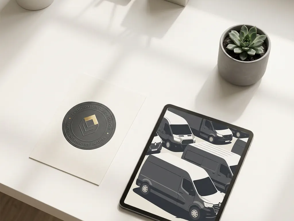 Certificaatbadge op wit bureau naast tablet met bedrijfsvoertuigen, succulent en gouden accenten in minimalistisch werkruimte