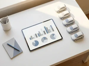 Dashboard met kleurrijke grafieken op wit bureau naast rij miniatuur witte auto's in natuurlijk licht
