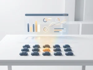 Digitaal dashboard met kleurrijke prestatiegegevens boven witte bureau met minimalistische speelgoedauto's in geometrische formatie