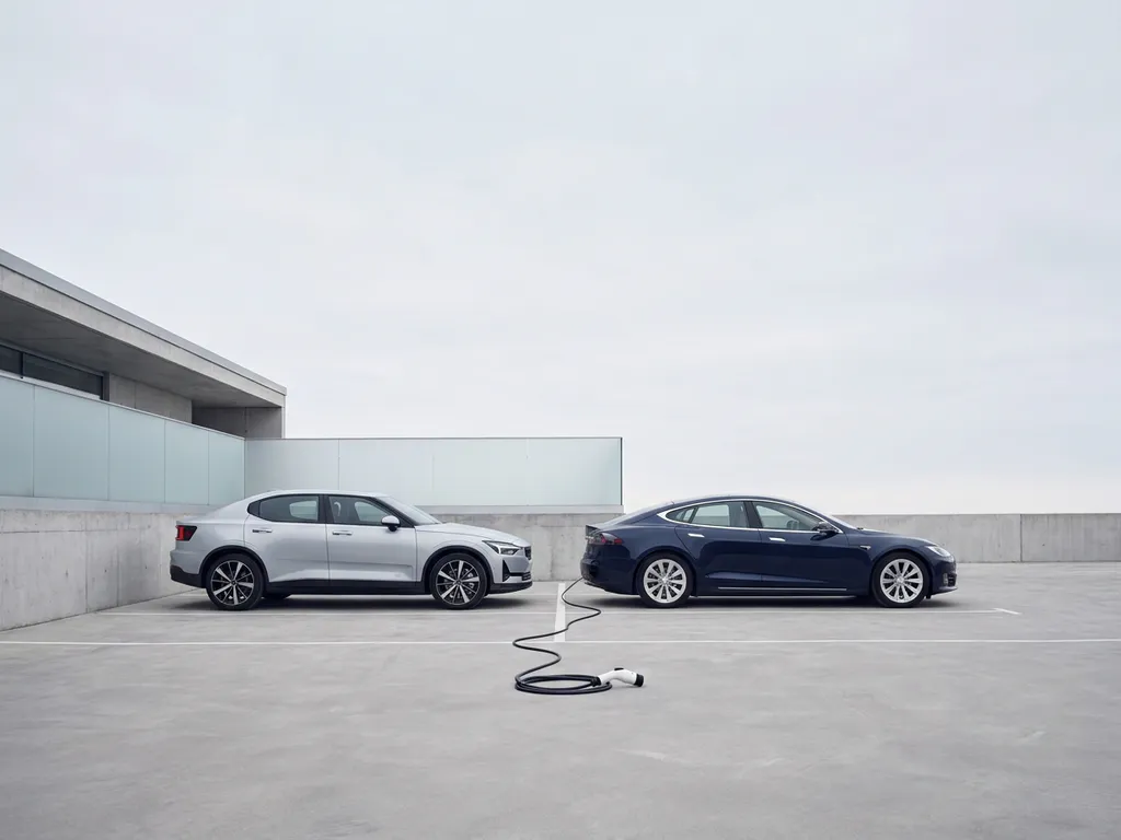 Elektrisch voertuig en conventionele sedan geparkeerd naast elkaar in modern parkeerterrein, laadkabel op de grond.