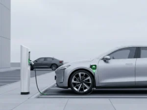 Elektrische auto aangesloten op laadpaal op zakelijk parkeerterrein, met conventionele auto op de achtergrond onder bewolkte lucht.