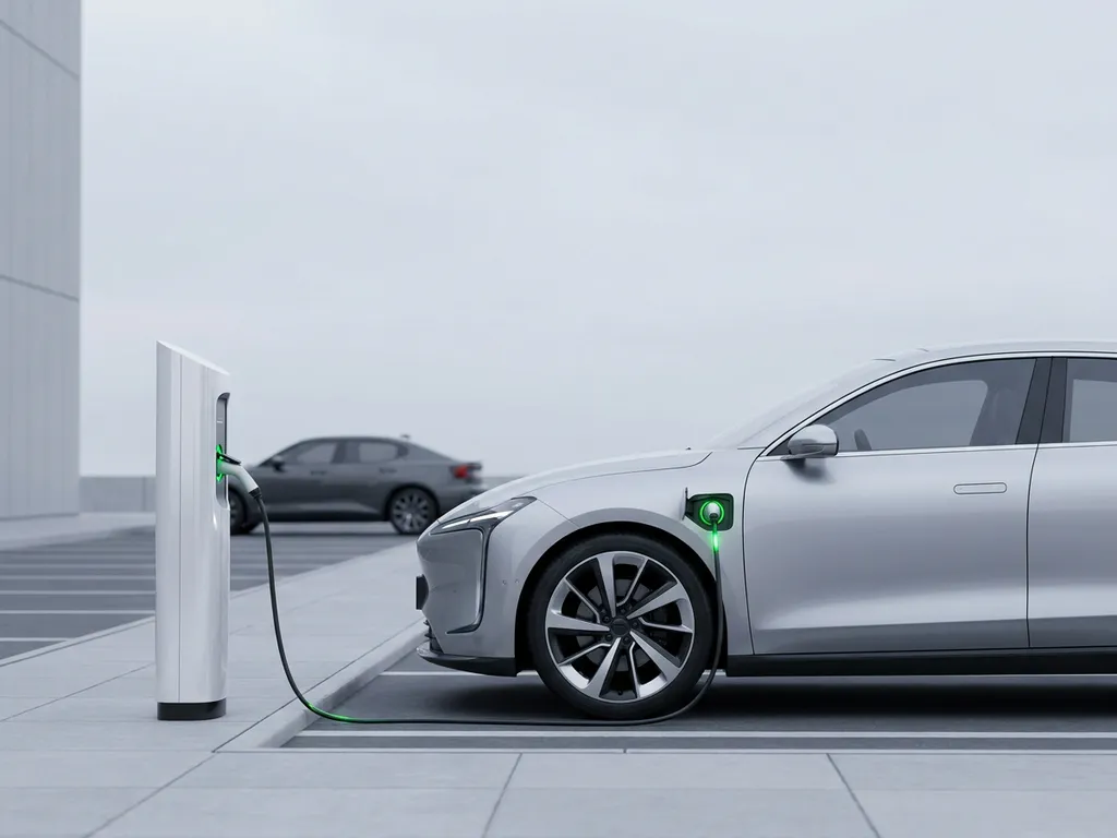 Elektrische auto aangesloten op laadpaal op zakelijk parkeerterrein, met conventionele auto op de achtergrond onder bewolkte lucht.
