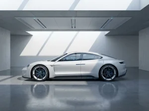 Elektrische auto geparkeerd in minimalistische garage met airconditioning, dashboard toont bereik indicatoren in blauw licht
