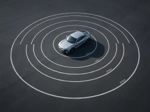 Zilveren elektrische auto gecentreerd in concentrische cirkels op asfalt die verschillende rijbereiken tonen