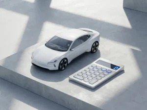 Witte elektrische auto naast elegante rekenmachine op betonnen ondergrond met zachte schaduwen en minimalistische compositie