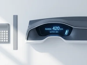 Elektrische auto dashboard met digitale bereik-indicator naast calculator en liniaal op wit bureau, bovenaanzicht