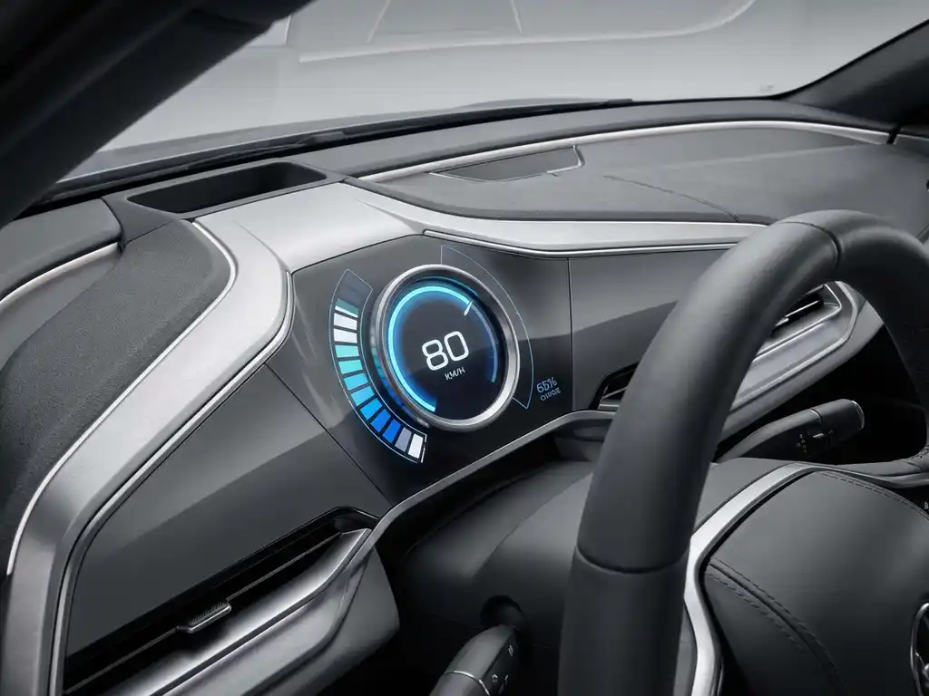 Elektrische auto dashboard met snelheidsmeter en gloeiende batterij-indicator in modern interieur met zilver en blauw