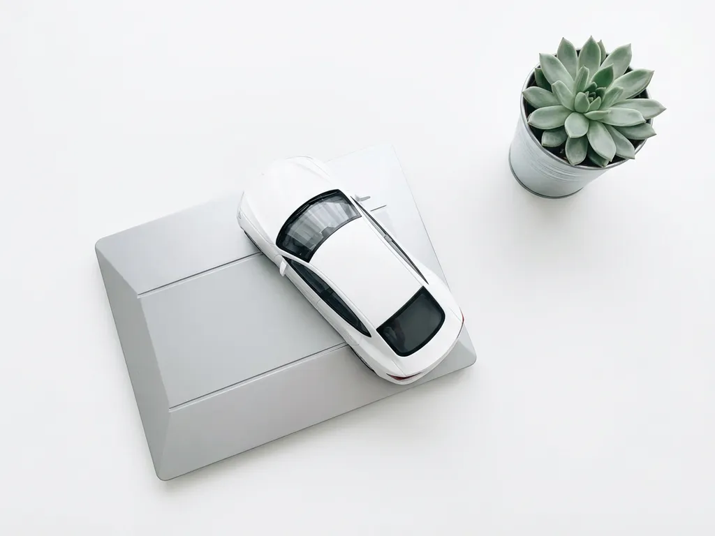 Witte elektrische auto op minimalistische weegschaal met groene plant op neutrale achtergrond