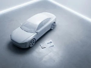 Witte elektrische auto op betonvloer met rekenmachine en kostenoverzicht grafiek in minimalistische setting