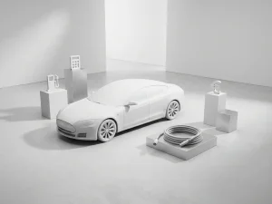 Witte elektrische auto met oplaadkabel naast geometrische displays met rekenmachine en euro symbolen in minimalistische studio