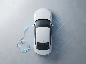 Witte elektrische auto op betonnen oppervlak naast oplaadkabel, bovenaanzicht met geometrische patronen en blauwe accenten