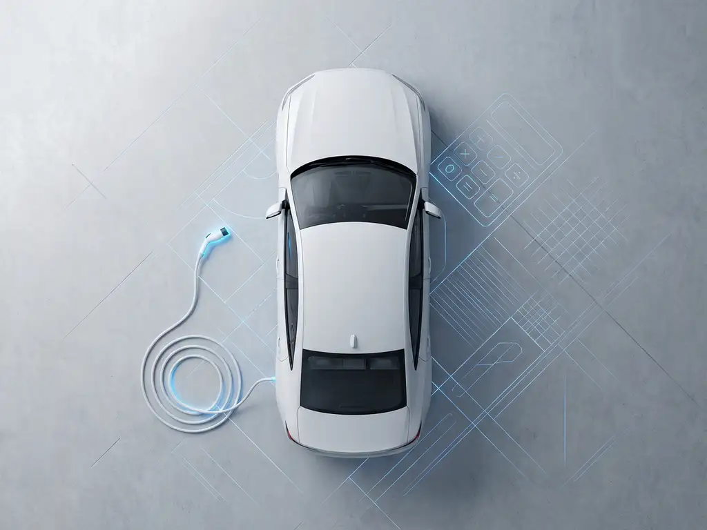 Witte elektrische auto op betonnen oppervlak naast oplaadkabel, bovenaanzicht met geometrische patronen en blauwe accenten