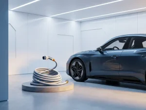 Elektrische auto oplaadkabel opgerold naast moderne wagen in witte garage met blauwe en gouden lichtaccenten