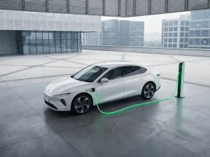 Witte elektrische auto verbonden met groen opladen kabel bij moderne laadstation in zakenwijk