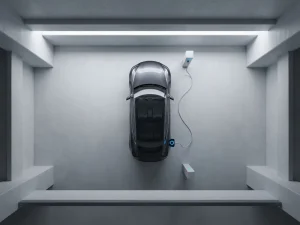 Elektrische auto laadt bij witte laadpaal in moderne parkeergarage met geometrische lijnen en betonnen oppervlakken