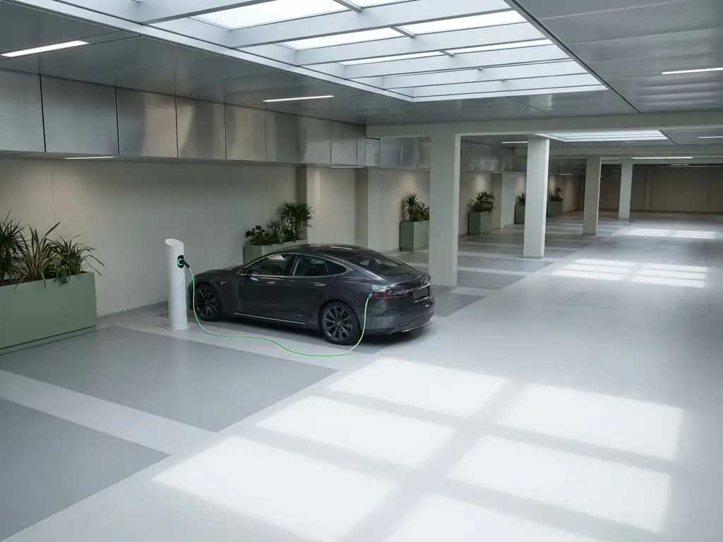 Elektrische auto laadt bij wit laadstation in moderne bedrijfsgarage met geometrische lijnen en natuurlijk licht