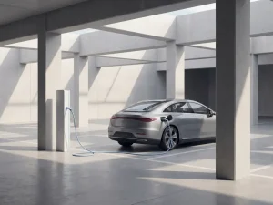 Moderne elektrische auto laadt bij wit laadstation in bedrijfsparkeergarage met betonnen pilaren en zachte schaduwen