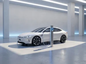 Witte elektrische auto aangesloten op minimalistische laadpaal op betonnen oppervlak met zachte verlichting