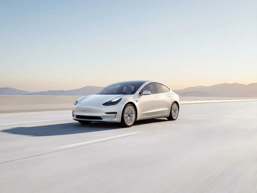 Witte elektrische sedan op lege betonnen snelweg richting bergen, gouden uur verlichting benadrukt aerodynamisch design