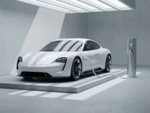 Witte elektrische auto verbonden met moderne laadpaal via kabel, groene LED-indicator, betonnen platform