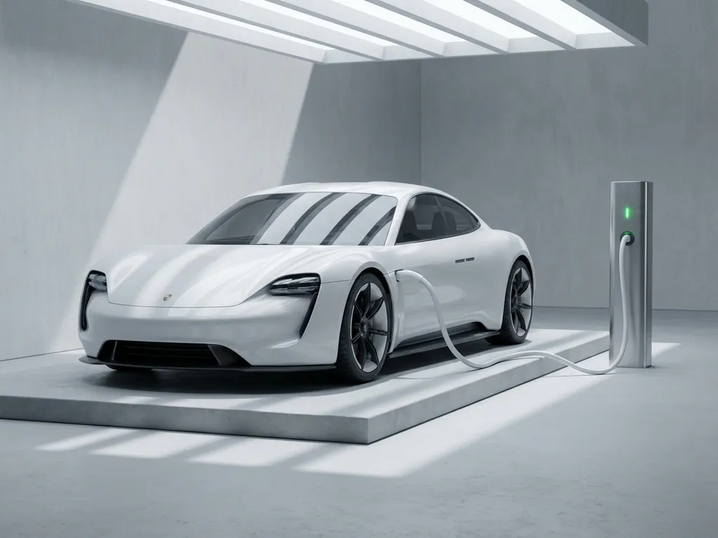 Witte elektrische auto verbonden met moderne laadpaal via kabel, groene LED-indicator, betonnen platform