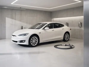 Witte elektrische auto met oplaadkabel op betonnen vloer in moderne minimalistische garage