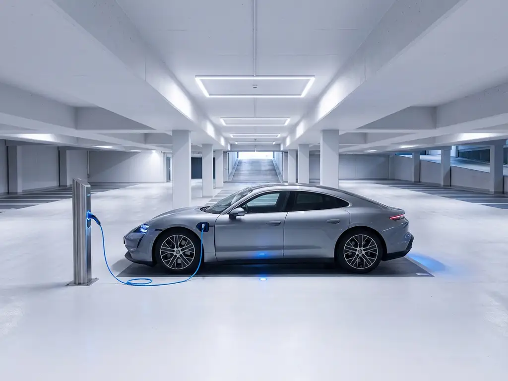 Elegante elektrische auto laadt op bij moderne laadpaal in minimalistische parkeergarage met witte betonnen oppervlakken