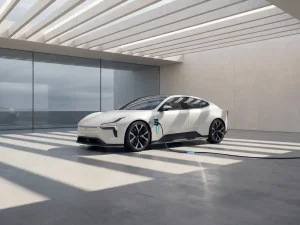 Witte elektrische auto met laadkabel op betonnen oppervlak, minimalistisch verlicht met geometrische schaduwen