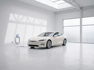 Witte elektrische auto in minimalistische showroom met oplaadkabel, zachte verlichting en geometrische schaduwen