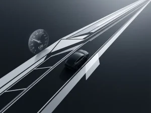 Elektrische auto silhouet op minimalistische snelweg met geometrische wegmarkering en zwevende snelheidsmeter