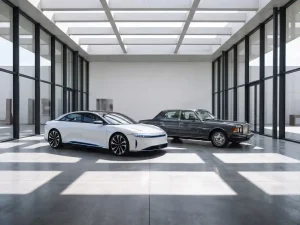 Witte elektrische auto naast donkere zakensedan in minimalistische garage met grote ramen en geometrische schaduwen