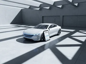 Witte elektrische auto op betonnen oppervlak met tablet tegen voorwiel, geometrische schaduwen en minimalistische omgeving