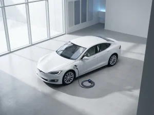 Witte elektrische auto met oplaadkabel in moderne showroom met grote ramen en natuurlijk licht