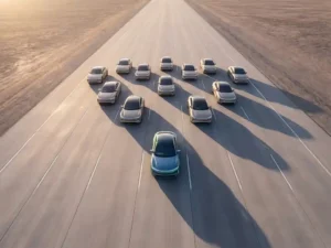 Elektrische sedan leidt een vlootformatie op een lege snelweg, luchtfoto bij gouden uursbelichting met lange schaduwen.
