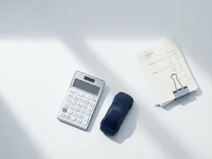 Witte bureau met rekenmachine, modelauto en georganiseerde financiële documenten in minimalistisch flatlay-ontwerp