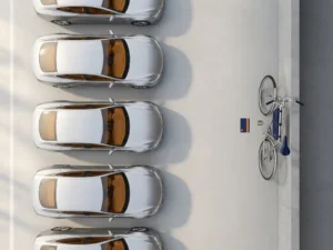 Rij bedrijfsauto's naast een fiets en ov-kaart op betonnen ondergrond, bovenaanzicht, minimalistische compositie over mobiliteitsopties.