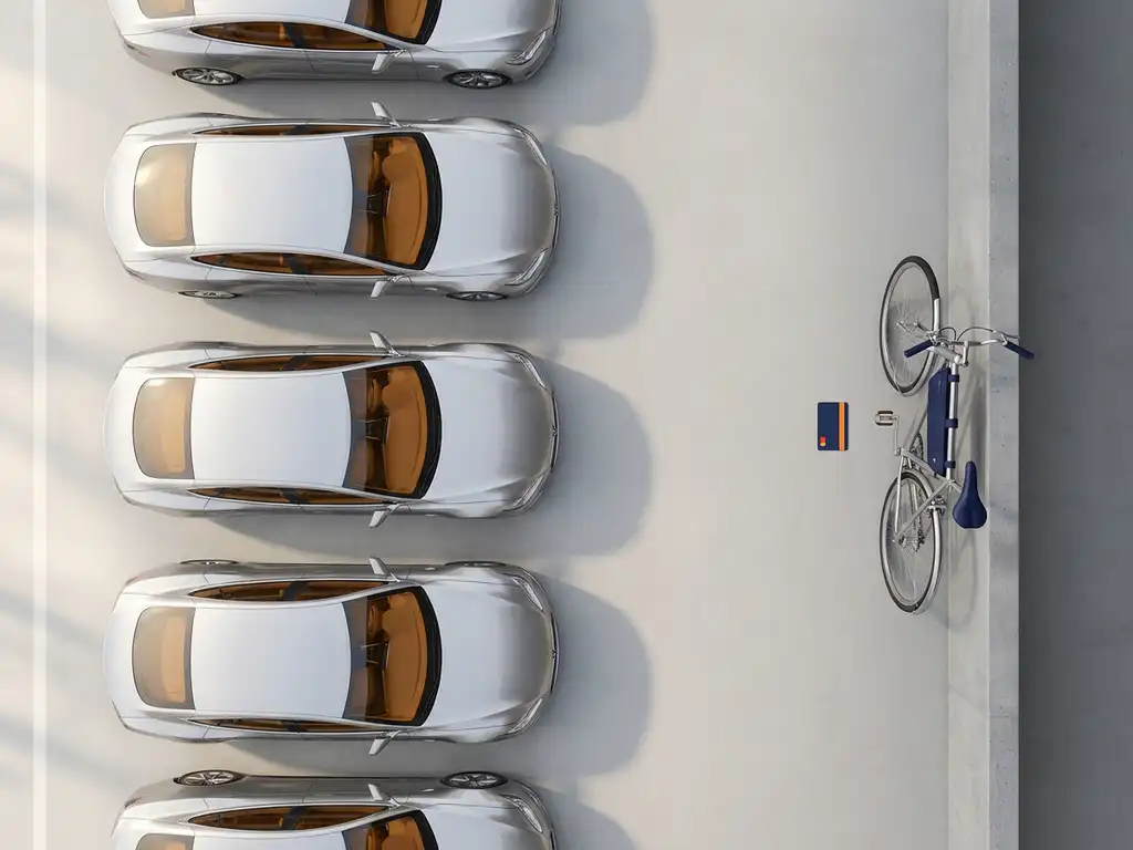 Rij bedrijfsauto's naast een fiets en ov-kaart op betonnen ondergrond, bovenaanzicht, minimalistische compositie over mobiliteitsopties.