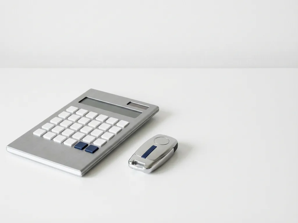Strakke calculator met geometrische knoppen naast metalen autosleutel op wit bureau, zachte schaduwen en minimalistische vormgeving