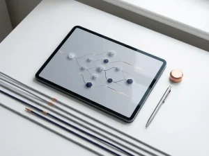 Moderne dashboard met onderling verbonden geometrische knooppunten en paden op wit oppervlak, kabels in parallelle lijnen