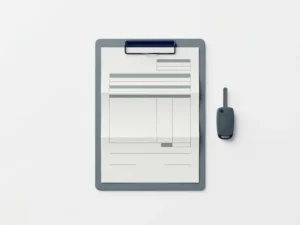 Verkeersboete op een klembord voor wagenparkbeheer naast een autosleutel op een wit bureau, strak minimalistische flatlay.